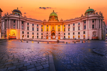 Vienna, Austria. Hofburg Palace view from Michaelerplatz, stunning blue hour light.