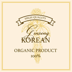 Ginseng square design. Hand drawn botanical vector illustration in sketch style. Can be used for packaging, label, badge. Herbal medicine background