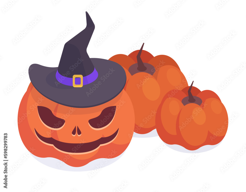 Wall mural Spooky carved pumpkins. Isometric scary jack-o-lanterns, halloween holiday pumpkins decorations. Festive gourd ghost faces vector illustration - Wall murals