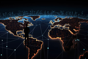 Panorama aerial view in the cityscape skyline with smart services and icons, internet of things, networks and augmented reality concept , night scene .