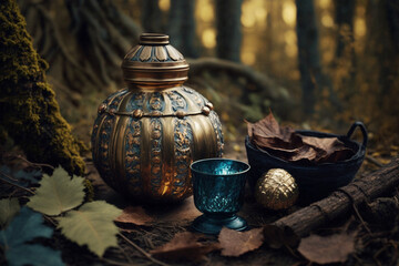 power of the mind and psychic waves. forest to enhance the spiritual aspect. sense of calm and connection with nature. warm tones of the spiritual objects and lighting in the foreground.  Ai