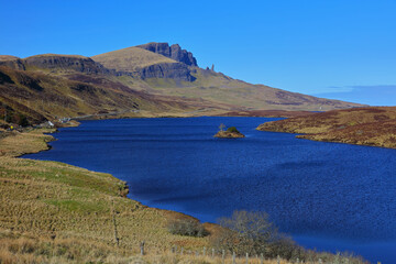 Loch Fada and the Storr on a Sunny day the clear blue sky.Isle of Skye, Scotland, UK.