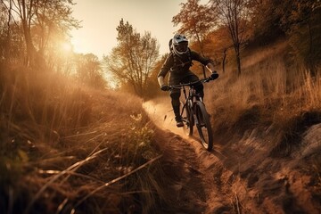 Male athlete riding a mountain bike in the mountains, extreme sport with a bicycle, generative AI.