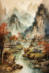 Fototapeta na wymiar Chinese outdoor ink landscape painting