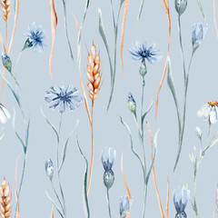 Watercolor wildflowers seamless pattern with poppy, cornflower chamomile, rye and wheat spikelets background
