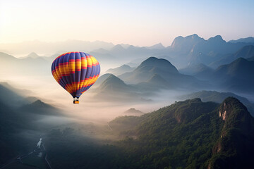 Fototapeta na wymiar Colorful hot air balloons flying above high mountain at sunrise with beautiful sky background
