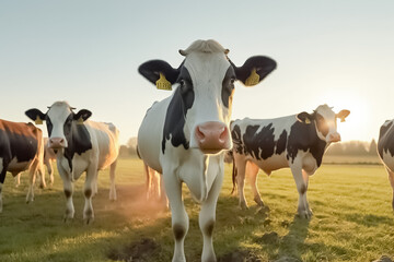 Cows in a fresh grassy field on a clear day. Dairy cows. generative ai
