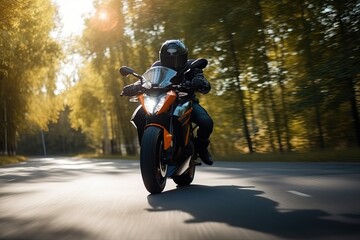 A motorcyclist on a sports bike rides the streets and highways, generative AI.
