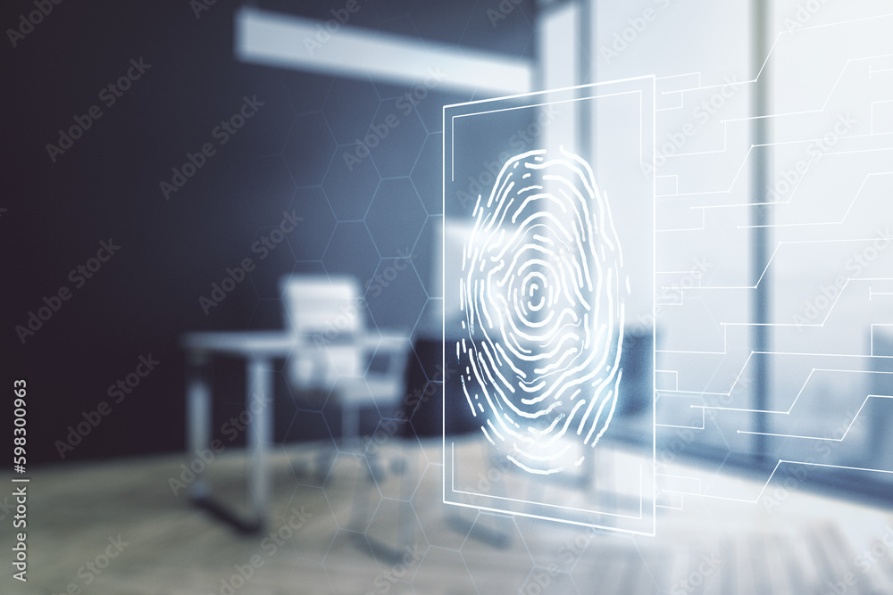 Poster Double exposure of abstract creative fingerprint hologram and modern desktop with laptop on background, research and development concept