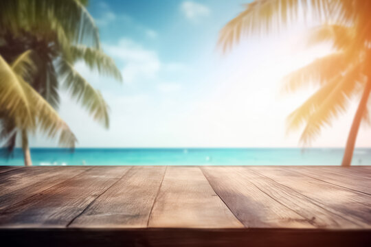 Top of wood table with seascape and palm leaves, blur bokeh light of calm sea and sky at tropical beach background. Summer vacation background concept. generative ai
