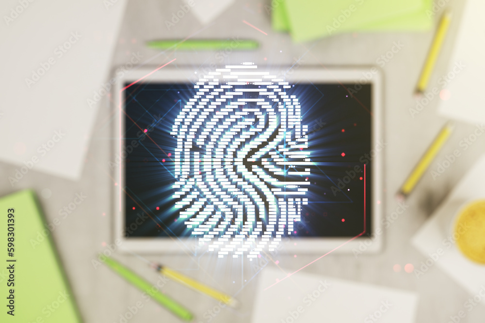 Poster Double exposure of abstract creative fingerprint hologram and modern digital tablet on background, protection of personal information concept