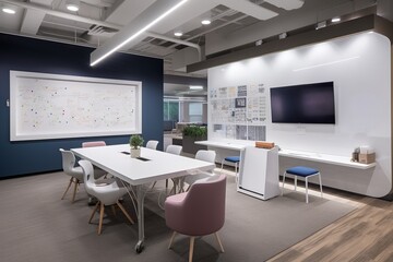 Inspiring brainstorming space, whiteboards, versatile seating, customizable lighting, generative ai