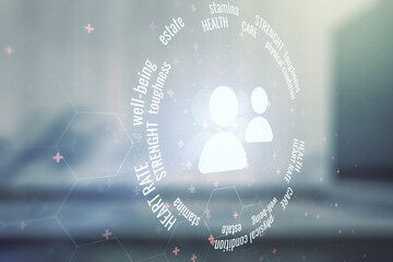 Abstract virtual people icons hologram on blurry contemporary office building background, life and health insurance concept. Multi exposure