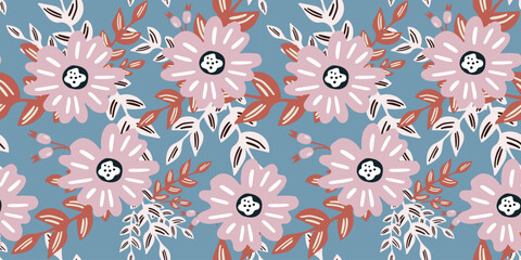 Modern aesthetic abstract floral seamless pattern. Pink flowers with leaves..