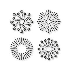 Obraz premium Happy new year shiny symbol. Firework icon. Set of burst stars and sparks. Line sparkle explosion. Vector illustration. Outline birthday party elements isolated on white background.