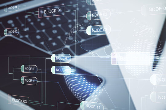 Double exposure of abstract programming language with world map on laptop background, research and development concept