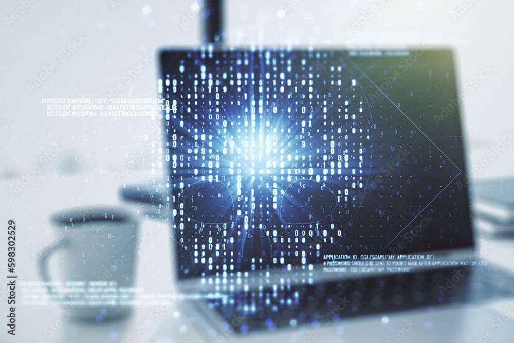 Poster double exposure of creative code skull hologram on laptop background. malware and cyber crime concep
