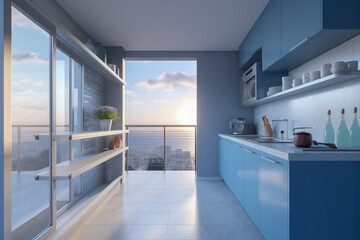 Modern kitchen with balcony, clean minimalistic interior design, light blue and white colors. Super photo realistic background, generative ai illustration.