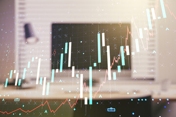 Multi exposure of abstract financial graph on laptop background, financial and trading concept