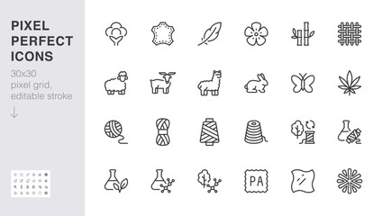 Fabric material line icon set. Linen, leather, cotton, bamboo, cashmere, mohair minimal vector illustration. Simple outline sign for clothing textile feature. 30x30 Pixel Perfect, Editable Stroke - obrazy, fototapety, plakaty