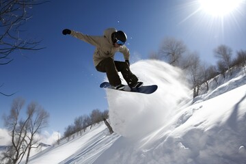 Snowboarding and extreme winter sports, recreation for a snowboarder, generative AI.
