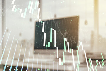 Abstract creative financial graph on modern laptop background, financial and trading concept. Multiexposure