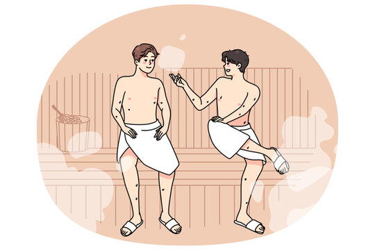 Happy Male Friends In Towels Relax In Sauna On Weekend Together. Smiling Men Enjoy Bathhouse Relaxation, Rest In Spa Or Wellness Center. Relaxation And Recreation. Vector Illustration. Generative AI