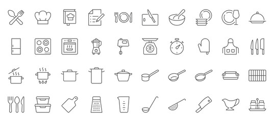 Cooking line icons set. Kitchen utensil - pan, oven, cookbook, saucepan, weight, chef hat, blender, glass crockery, casserole vector illustration. Outline signs for food recipe. Editable Stroke