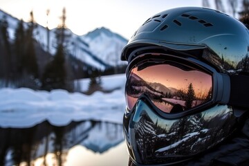 Fototapeta na wymiar Close up of ski mask, helmet and goggles, generative AI.