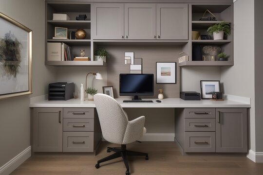 Well-appointed home office, built-in desk, ergonomic chair, storage solutions, productivity. generative ai