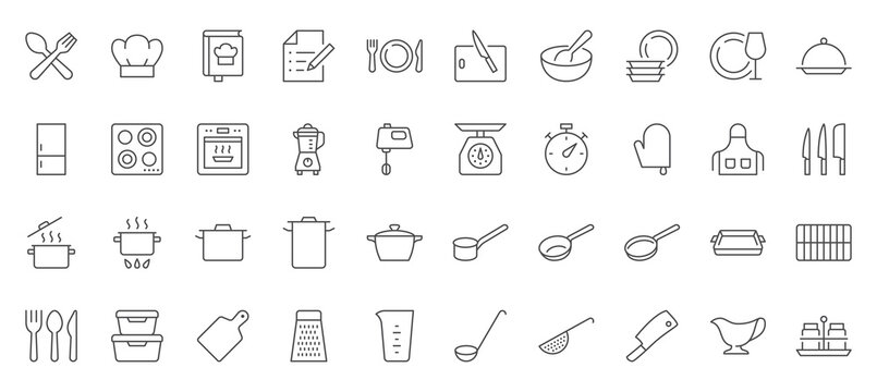 Cooking line icons set. Kitchen utensil - pan, oven, cookbook, saucepan, weight, chef hat, blender, glass crockery, casserole vector illustration. Outline signs for food recipe. Editable Stroke