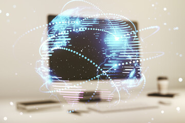 Abstract graphic digital world map with connections on modern computer background, globalization concept. Multiexposure