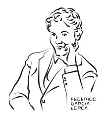 Federico Garcia Lorca pencil sketch illustration. Spanish poet, playwright, and theatre director. Poster, Wall Decoration, Postcard, Social Media Banner, Brochure Cover Design Background. Vector.