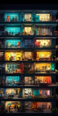 Illuminated Interior Colorful Apartment at Night with Many Balconies. Generative ai