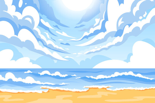 Ocean background, seashore and blue sky with sun and clouds. Beach shore, water waves and horizon, tropical seaside, sea summer travel. Marine vacations. Vector garish illustration landscape