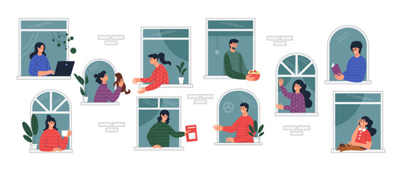 Neighbor community, coliving, city windows with people. Good home neighbourhood and help, happy unity and mutual aid. Building facade. Vector tidy housemates concept cartoon flat characters