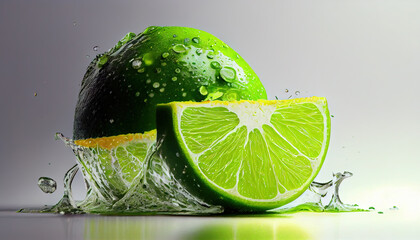 Fresh Cut or Off Green Lemon Fruit on White Background AI Generative