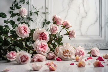 White backdrop with pretty pink roses. Generative AI