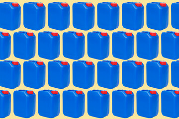 blue plastic jerrycans on a brown background