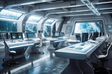 Fototapeta na wymiar Futuristic interior of a laboratory or scientific station on a planet. Created with Generative AI technology.