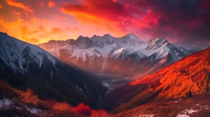 Panoramic View of Majestic Mountain Range at Sunset, Warm Hues Reflecting off Snow-Capped Peaks. Generative ai