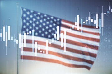 Double exposure of virtual creative financial diagram on US flag and blue sky background, banking...