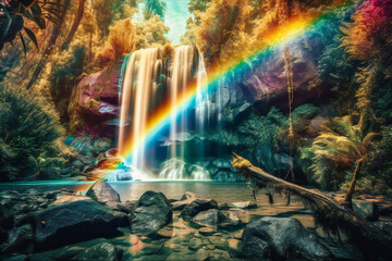 Magical psychedelic landscape, with a waterfall, colorful plants and a rainbow. Created with Generative AI technology.