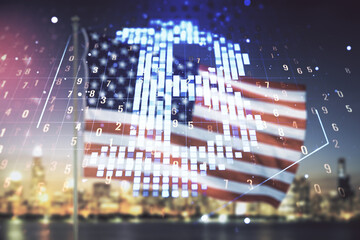 Virtual Bitcoin sketch on US flag and skyline background. Double exposure
