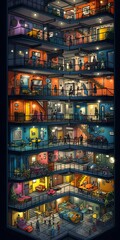 Fototapeta na wymiar Illuminated Interior Colorful Apartment at Night with Many Balconies. Generative ai