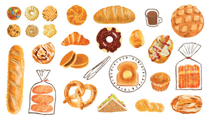 Hand drawn bakery bread illustration. Bakery and pastry products icons set with various sorts of bread, sweet buns, cupcakes, dough, cookies and cakes for bakery shop or food design.