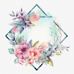 Cute steel frame, pastel colors, flowers, watercolor illustration