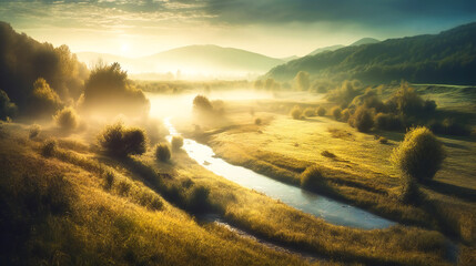 Fototapeta premium Beautiful nature landscape under morning light. Created with Generative AI technology.
