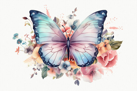Cute beautiful butterfly, pastel colors, flowers, watercolor illustration