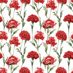 Fototapeta premium Seamless pattern with many red carnations on white background in watercolor style. Generative AI.